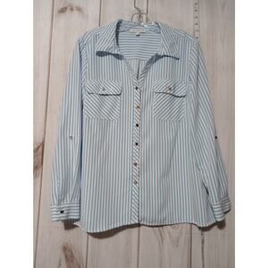 Notations Shirt Womens Large Blue‎ White Striped Button Up Long Sleeve Pockets
